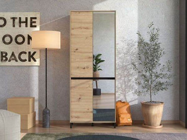 Toshiro Tall Oak Effect Half-Mirrored Shoe Cabinet: 40-Pair Storage Solution - UK Luxury Furniture